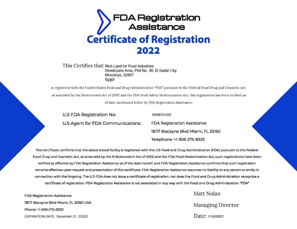 FDA Registration for Rich Land Food Industries